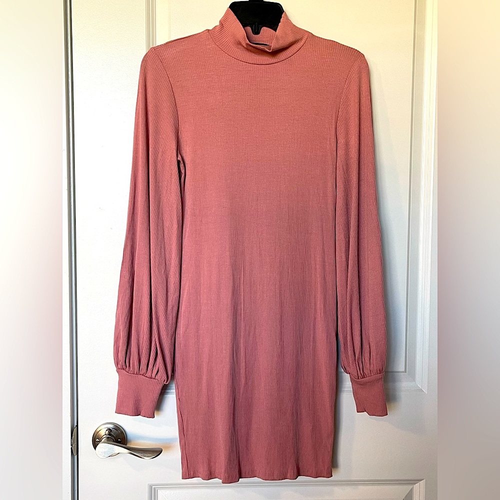 Blush Pink Turtle Neck Long Puff Sleeve Mini Dress NWT